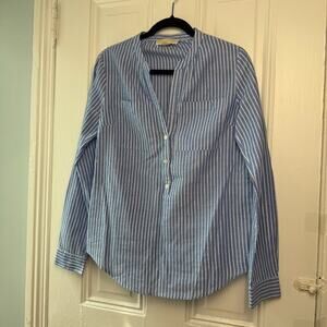 Michael Kors Shirt Womens Small Blue Silver Stripe Beach Coastal Mandarin Collar